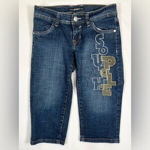 SOUTH POLE Juniors Long Dark Wash‎ Y2K Denim Blue Jean Shorts Logo Front Size 5